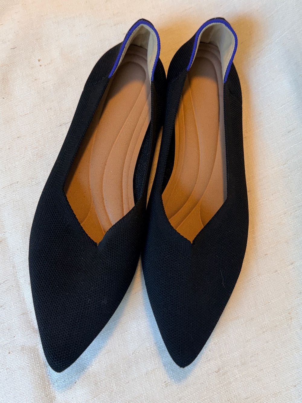 Rothy’s The Point Black Knit Pointed Toe Flats Blue Trim Size 10 EU 41